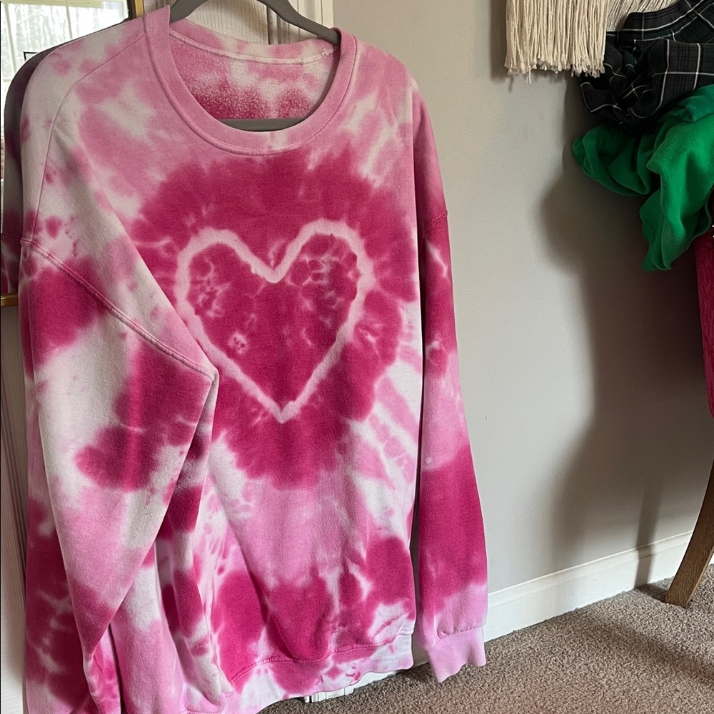 Urban Outfitters Pink and White Tie-Dye Heart Sweatshirt